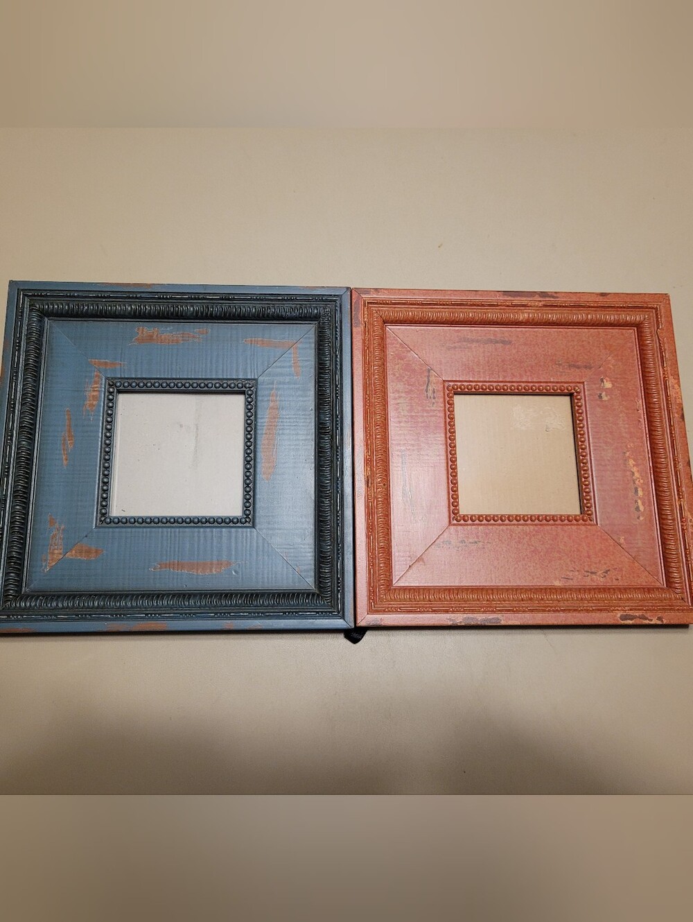 Cynthia Rowley Distressed Blue and Orange Square Stand Or Hang Frames - Pair